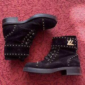 Louis Vuitton Black and Gold Studded Combat Boots